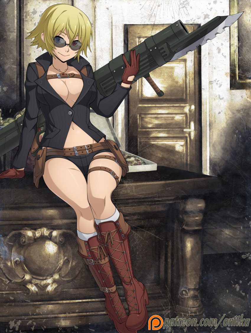 1girl alternate_color bayonet belt blonde_hair boots breasts cleavage devil_may_cry devil_may_cry_4 gloves gun heterochromia jewelry kneehighs lady_(devil_may_cry) looking_at_viewer midriff navel necklace no_bra open_clothes scar short_hair short_shorts shorts sitting solo spike_wible sunglasses weapon