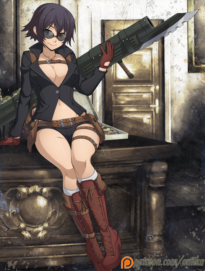 1girl alternate_color bayonet belt black_hair boots breasts cleavage devil_may_cry devil_may_cry_4 gloves gun heterochromia jewelry kneehighs lady_(devil_may_cry) looking_at_viewer midriff navel necklace no_bra open_clothes scar short_hair short_shorts shorts sitting solo spike_wible sunglasses weapon