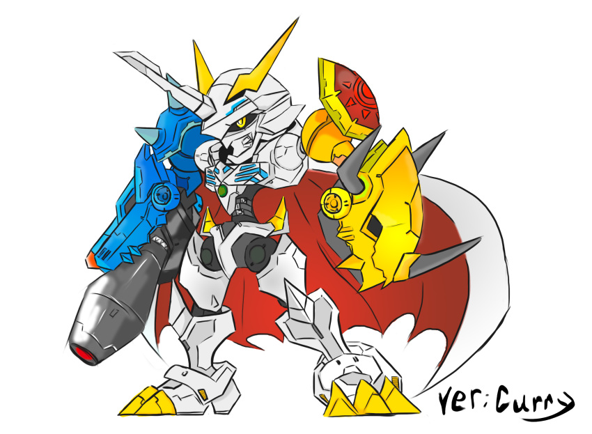 arm_cannon armor cannon cape chibi digimon full_armor horns monster no_humans omegamon red_eyes royal_knights shoulder_pads simple_background solo weapon white_background