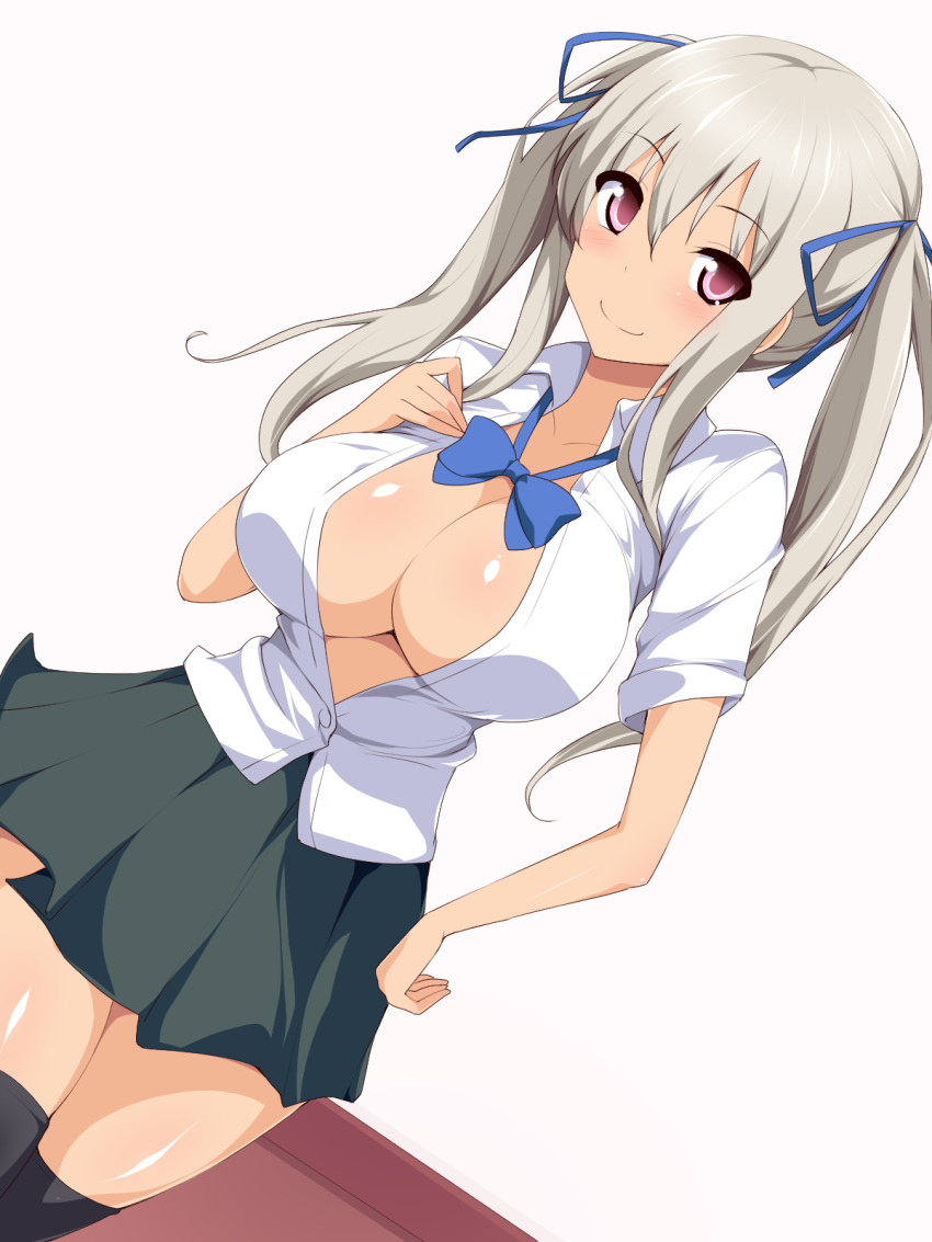 1girl black_legwear blush bow bowtie breasts cleavage eve_(artist) grey_hair hand_on_hip highres large_breasts legs looking_at_viewer no_bra pink_eyes school_uniform silver_hair simple_background skirt standing thighs twintails unbuttoned white_background