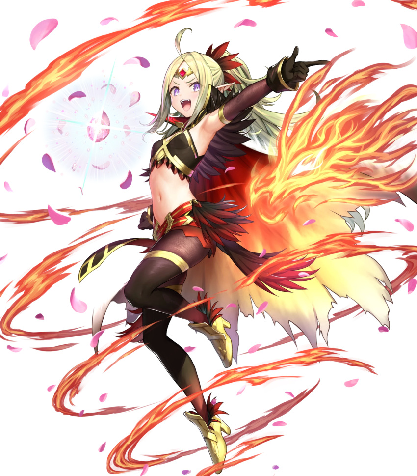 1girl ahoge alternate_costume bangs belt black_gloves blonde_hair cape feather_trim feathers fire_emblem fire_emblem_awakening fire_emblem_heroes flat_chest gloves gold_trim gradient gradient_clothes gradient_hair green_hair highres jewelry kousei_horiguchi long_hair midriff multicolored_hair multiple_belts navel nowi_(fire_emblem) official_art pantyhose parted_bangs pelvic_curtain pointy_ears ponytail stomach tiara tied_hair transparent_background violet_eyes