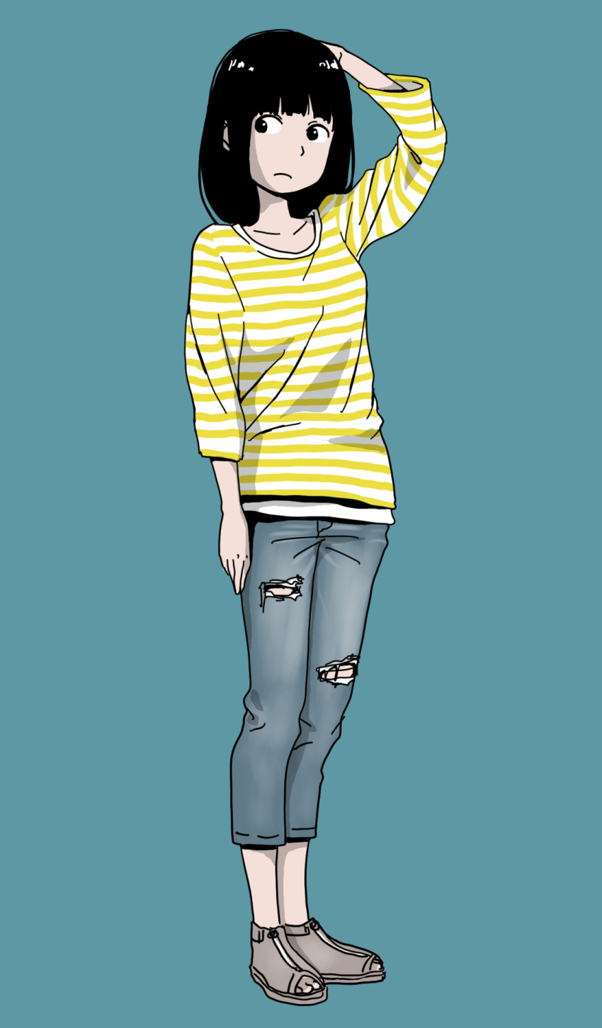 1girl arm_at_side bangs black_hair blue_background blunt_bangs capri_pants collarbone denim frown full_body hand_on_head hosoo looking_to_the_side original pants sandals shirt simple_background solo striped_shirt torn_jeans torn_pants yellow_shirt