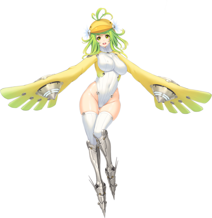 1girl antenna_hair breasts erect_nipples female full_body game_cg green_eyes green_hair hat hayama_kazusa highres hoshizora_no_babylon large_breasts legs looking_at_viewer mound_of_venus multicolored_hair open_mouth patapata_(hoshizora_no_babylon) short_hair simple_background smile solo standing thick_thighs thigh-highs thighs wide_hips