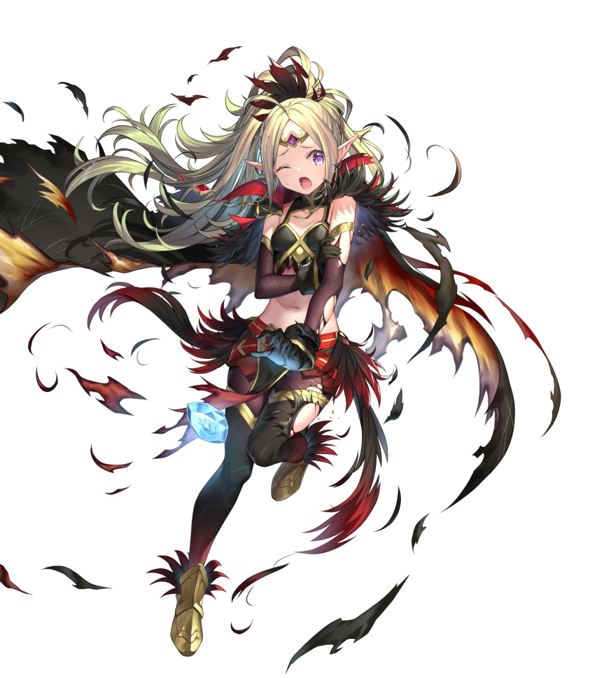 1girl ahoge alternate_costume bangs belt black_gloves blonde_hair cape feather_trim feathers fire_emblem fire_emblem_awakening fire_emblem_heroes flat_chest gloves gold_trim gradient gradient_clothes gradient_hair green_hair highres jewelry kousei_horiguchi long_hair midriff multicolored_hair multiple_belts navel nowi_(fire_emblem) official_art pantyhose parted_bangs pelvic_curtain pointy_ears ponytail stomach tiara tied_hair torn_clothes transparent_background violet_eyes
