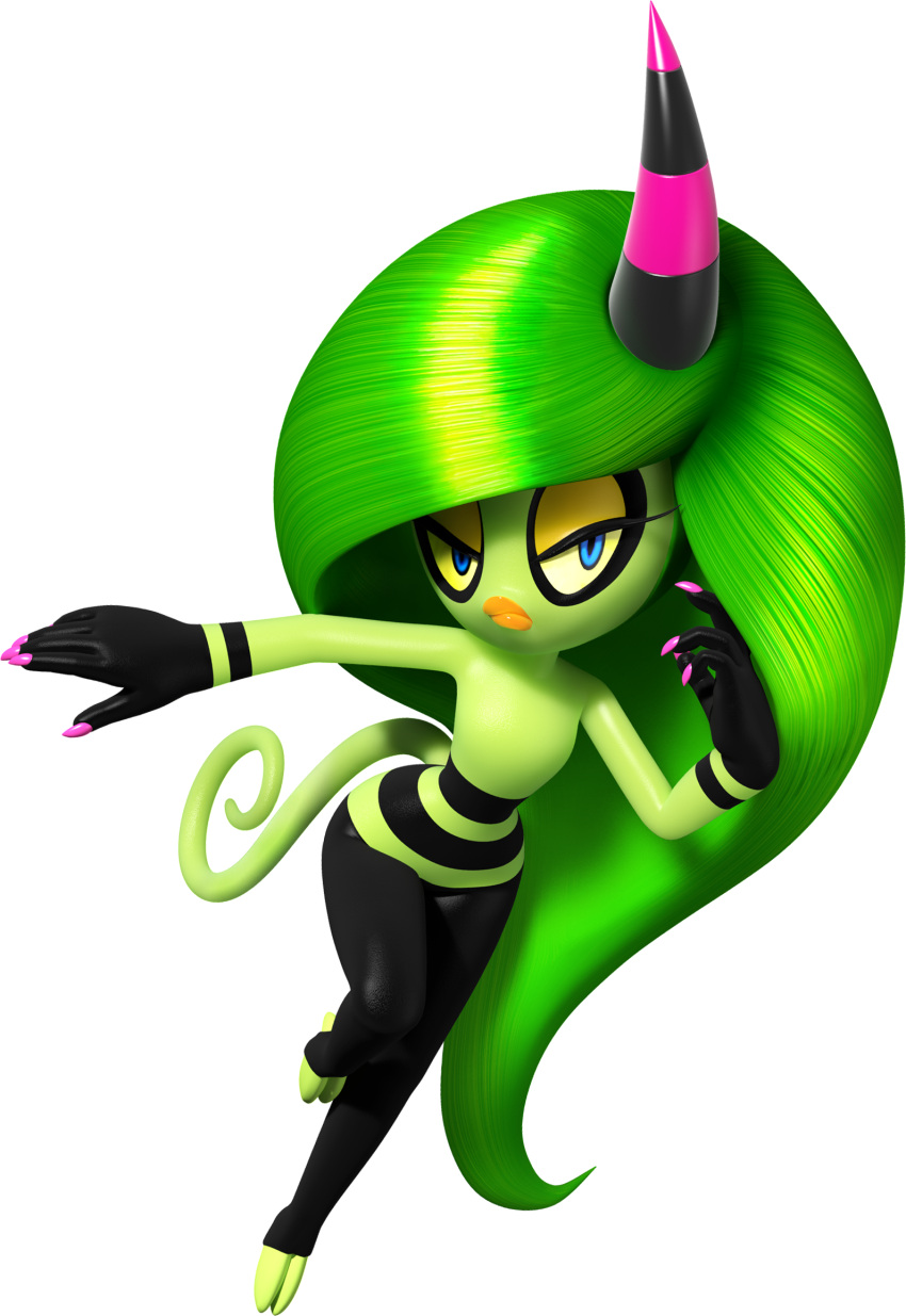 1girl blue_eyes green_hair horn lips nail_polish official_art simple_background solo sonic_lost_world sonic_the_hedgehog thick_lips yellow_sclera zeena