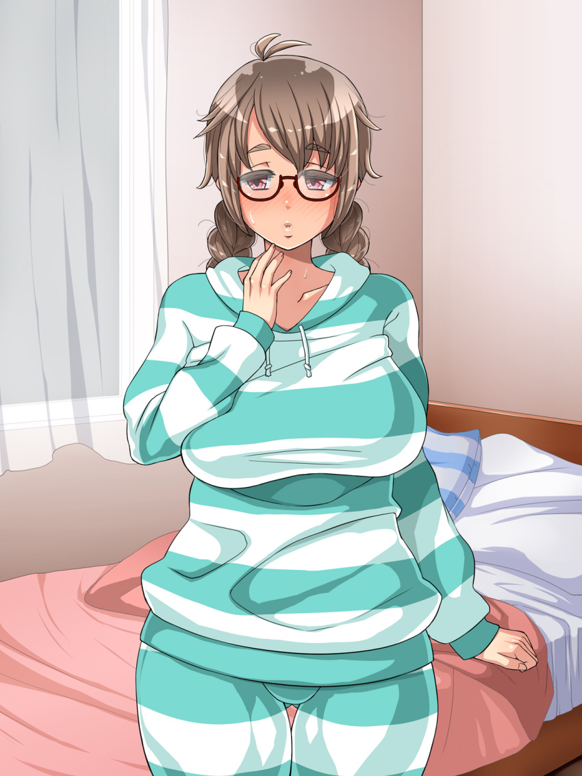 1girl bed bedroom blush braid breasts brown_hair enoshima_iki female glasses highres hood large_breasts legs long_hair looking_at_viewer original pajamas pillow pink_eyes solo standing striped_clothes sweatdrop thigh_gap thighs twin_braids