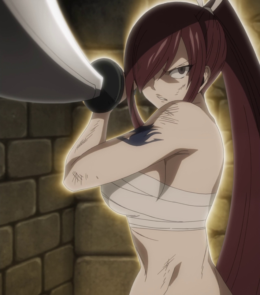 1girl angry aura breasts erza_scarlet fairy_tail female hair_over_one_eye large_breasts long_hair redhead sarashi screencap sideboob solo stitched sword tattoo