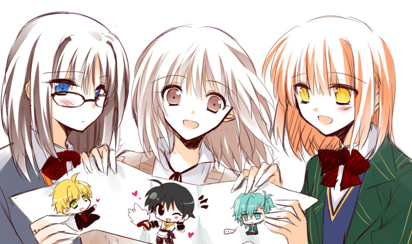 3boys 3girls ahoge black_eyes blonde_hair blue_eyes blue_hair blush brown_eyes brown_hair character_request crossover fan fate/prototype fate_(series) glasses green_eyes grey_hair heart jacket koumei_(sangoku_rensenki) mikaze_ai multiple_boys multiple_girls nanami_haruka necktie one_eye_closed open_mouth orange_hair pants ponytail ribbon saber_(fate/prototype) sajou_ayaka sangoku_rensenki school_uniform short_hair simple_background uta_no_prince-sama wink yamada_hana yellow_eyes