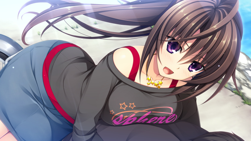1girl absurdres asami_asami ashiya_suzuka bicycle blush breast_press breasts brown_hair game_cg happy highres jewelry large_breasts legs long_hair long_sleeves looking_away necklace open_mouth ponytail pretty_x_cation_2 sitting skirt smile solo_focus sunlight thighs violet_eyes