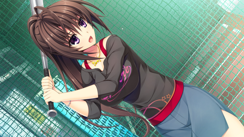 1girl absurdres asami_asami ashiya_suzuka baseball baseball_bat breasts brown_hair dutch_angle female game_cg happy highres jewelry large_breasts legs long_hair long_sleeves looking_away necklace open_mouth ponytail pretty_x_cation_2 skirt smile solo standing thighs violet_eyes