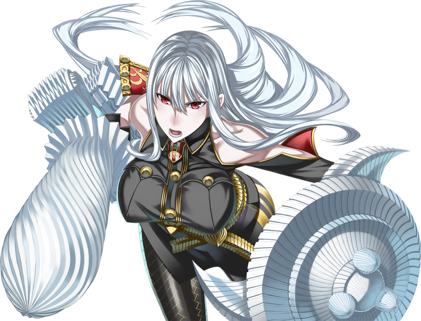 1girl breasts dengeki_bunko_fighting_climax huge_breasts long_hair military military_uniform red_eyes selvaria_bles senjou_no_valkyria silver_hair simple_background solo uniform weapon