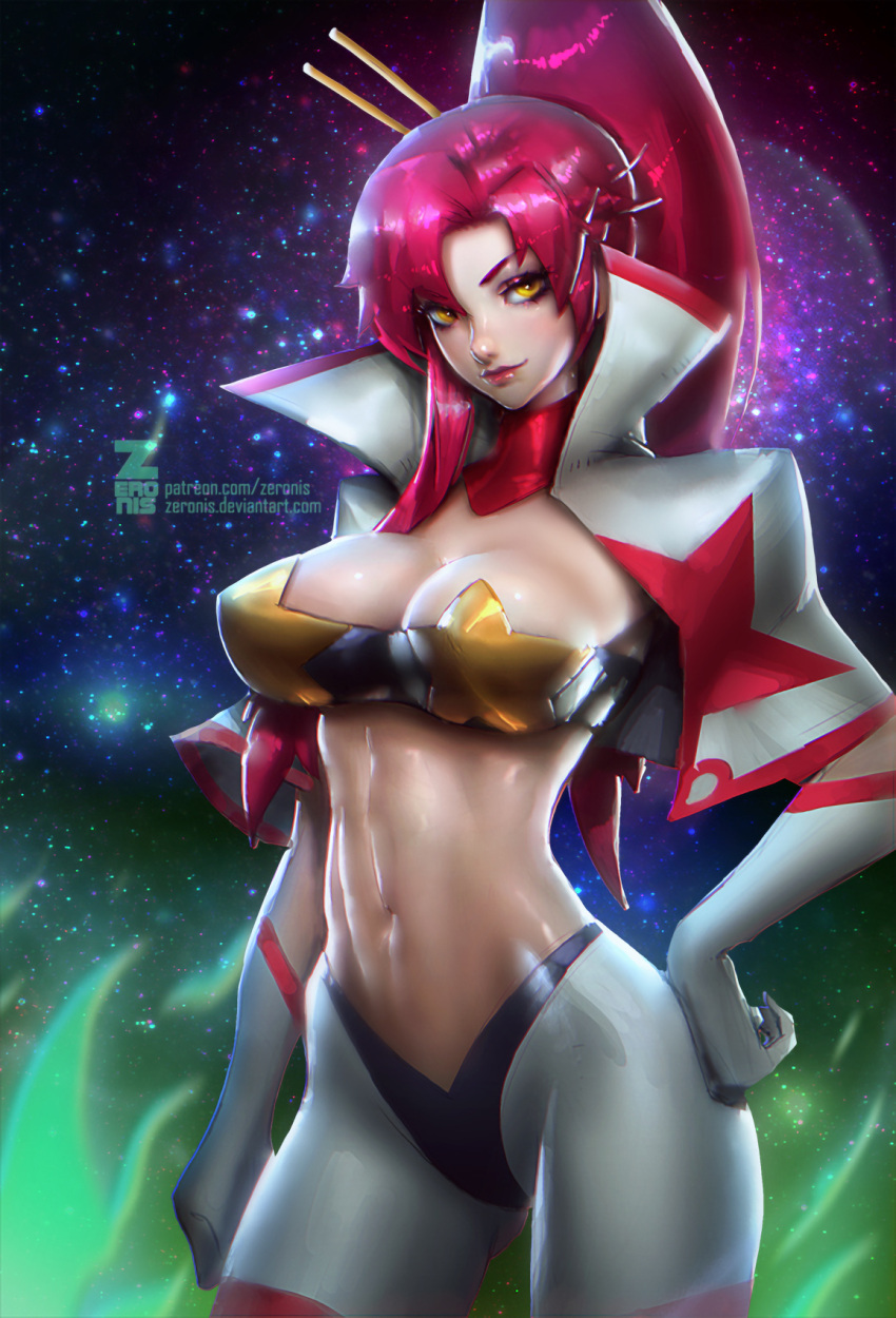 1girl abs breasts cleavage female gradient gradient_background hand_on_hip high_collar high_ponytail large_breasts long_hair looking_at_viewer midriff navel paul_kwon ponytail redhead solo space star_(sky) stomach tengen_toppa_gurren_lagann toned white_gloves yellow_eyes yoko_littner