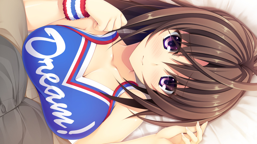 1boy 1girl antenna_hair asami_asami ashiya_suzuka bed blush breasts brown_hair cheerleader cleavage collarbone game_cg gradient gradient_background highres large_breasts long_hair looking_at_viewer lying pillow ponytail pretty_x_cation_2 sitting sitting_on_person solo_focus violet_eyes
