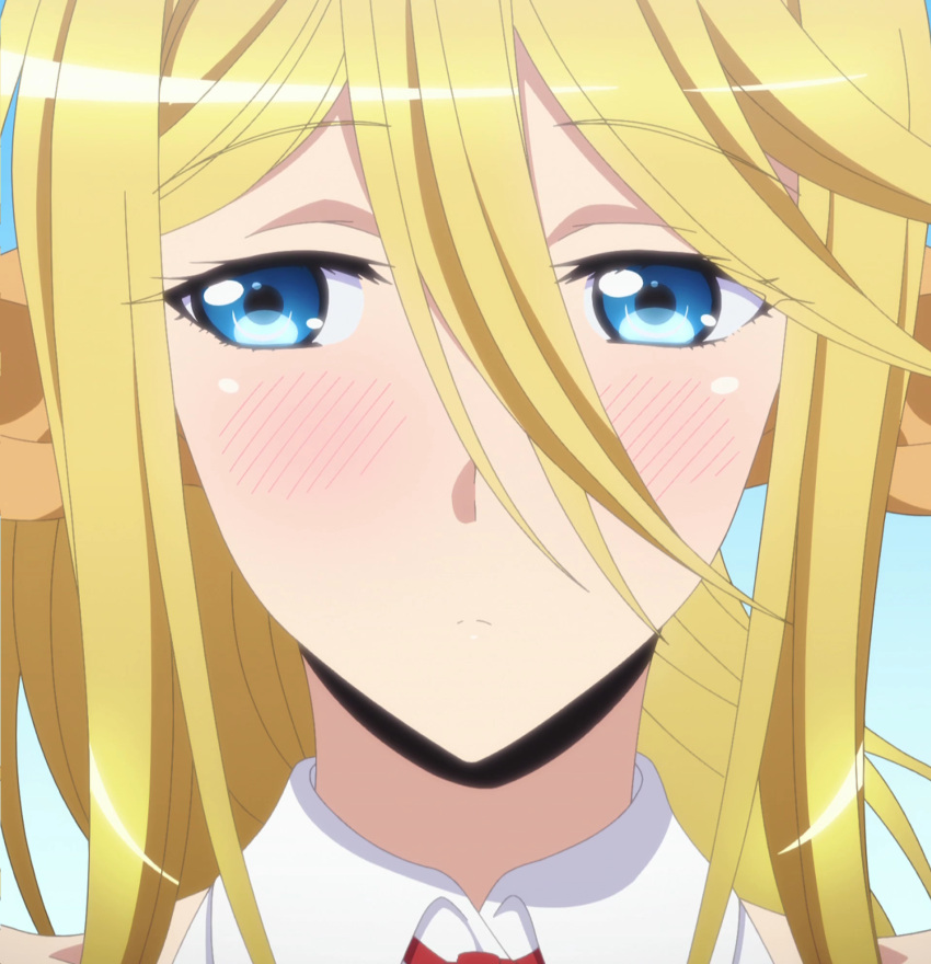 1girl blonde_hair blue_eyes blush centorea_shianus face gradient gradient_background highres long_hair monster_girl monster_musume_no_iru_nichijou screencap solo stitched