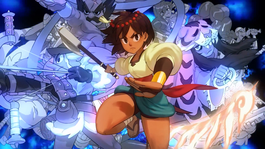 alex_ahad anja axe brown_eyes brown_hair character_request dark_skin indivisible weapon