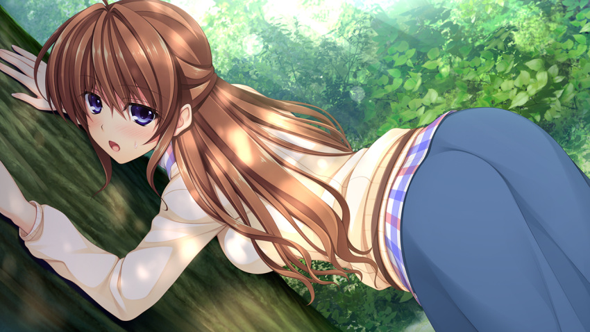 1girl against_tree asami_asami ass back backboob belt blue_eyes blush breasts brown_hair female forest game_cg hayase_chitose_(pretty_x_cation) highres large_breasts long_hair long_skirt long_sleeves looking_back nature open_mouth pretty_x_cation_2 skirt solo standing sweatdrop sweater tree