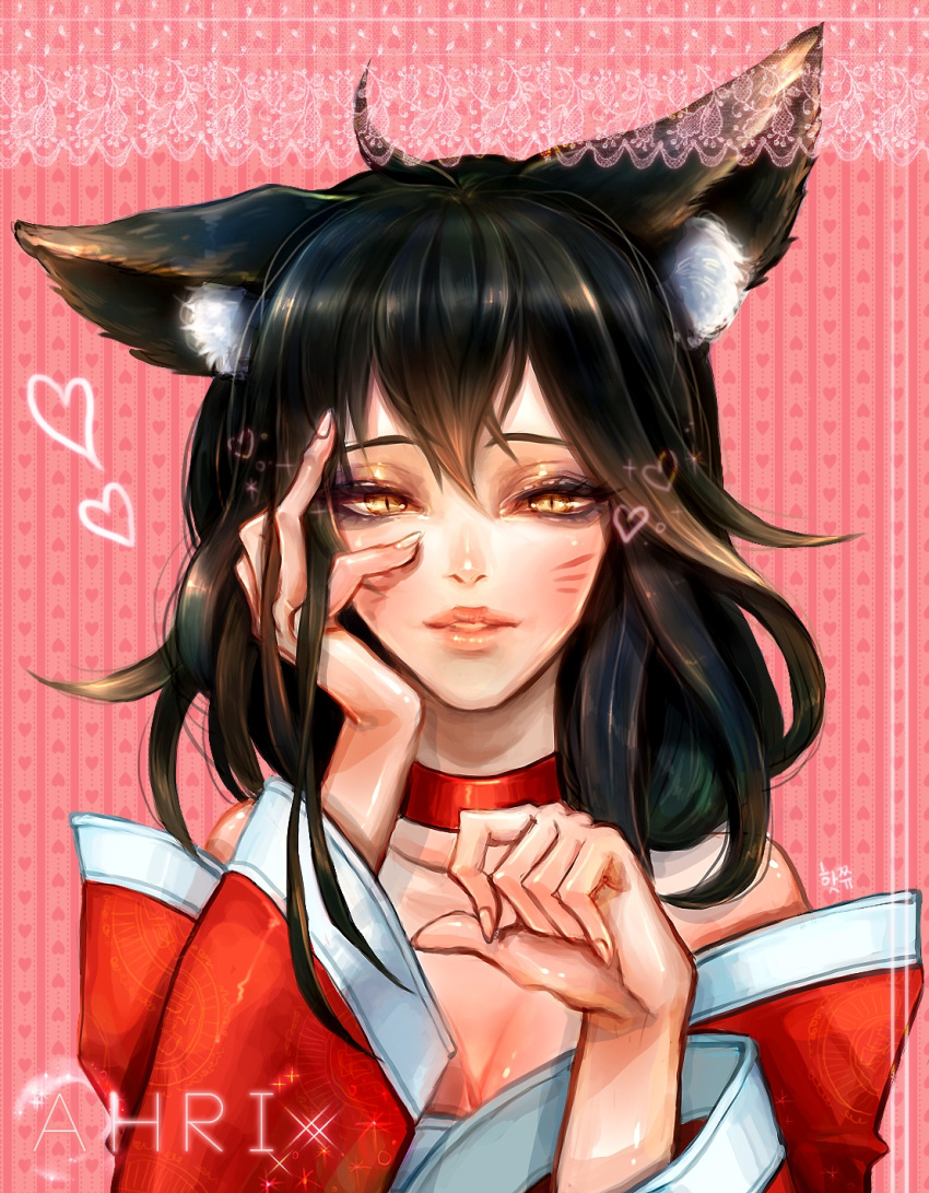 1girl ahri animal animal_ears blush id league_of_legends lips looking_at_viewer pixiv solo striped_background