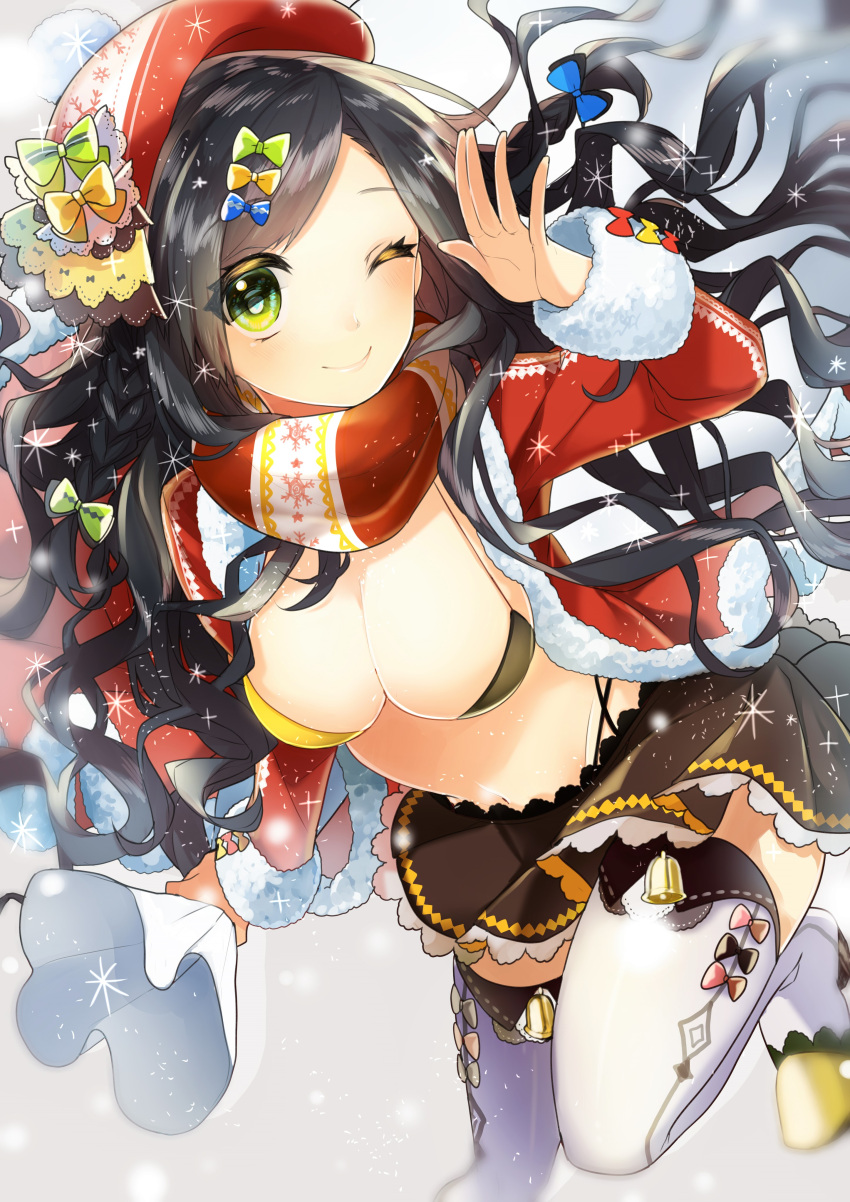 1girl ;) absurdres beret black_hair bow breasts christmas cleavage hair_bow hat highres jacket large_breasts leaning_forward long_hair one_eye_closed open_clothes open_jacket original sack scarf skirt smile sogawa66 thigh-highs white_legwear