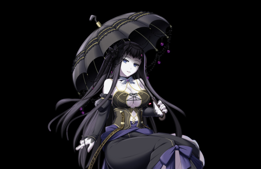 1girl bare_shoulders black_background black_hair blue_eyes breasts choker cleavage detached_sleeves dress elbow_gloves eushully female game_cg gloves hair_ribbon highres holding kami_no_rhapsody large_breasts long_hair looking_at_viewer mitsuki pale_skin ribbon simple_background sitting smile solo standing umbrella yakuri