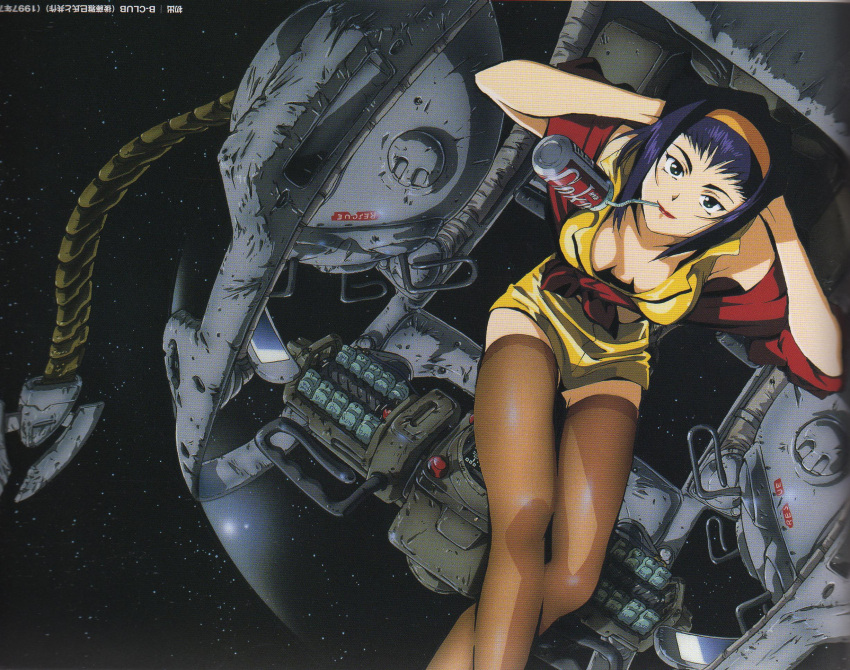 1girl 90s arms_behind_head breasts cleavage cowboy_bebop faye_valentine female green_eyes large_breasts lipstick looking_at_viewer makeup official_art open_clothes open_shirt purple_hair red_lipstick shirt short_hair solo space