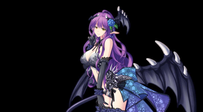 1girl bare_shoulders black_background breasts cleavage demon_girl demon_wings detached_collar elbow_gloves eushully female flower game_cg gloves hair_flower hair_ornament head_wings highres kami_no_rhapsody large_breasts legs long_hair looking_at_viewer mitsuki pointy_ears purple_hair simple_background smile solo standing tail thigh-highs thighs wings yakuri yellow_eyes