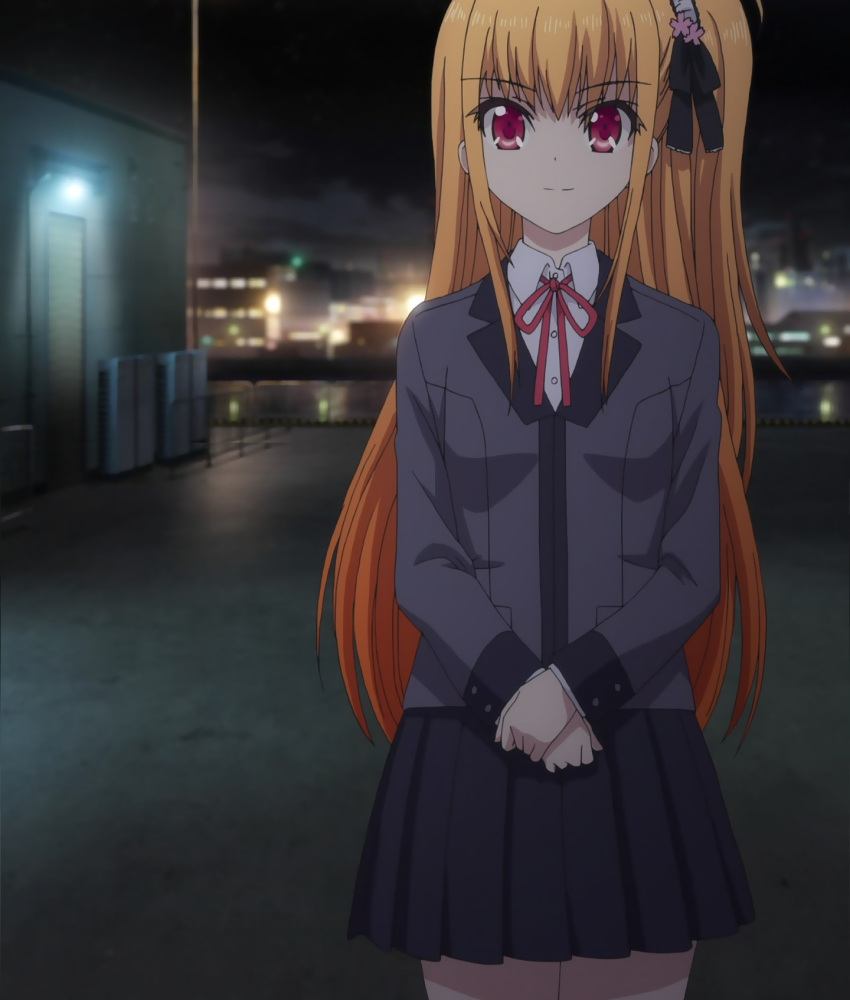 1girl charlotte_(anime) long_hair nishimori_misa orange_hair red_eyes school_uniform screencap serafuku violet_eyes