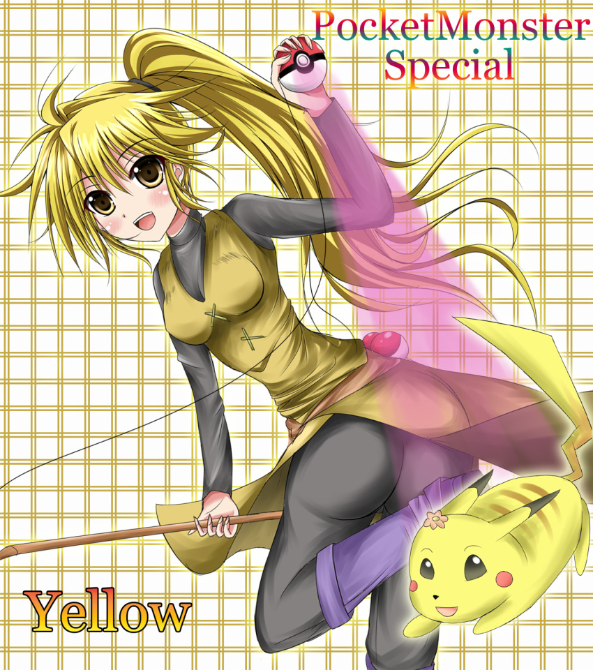 1girl 90s ass blonde_hair blush boots breasts brown_eyes character_name china_dress chinese_clothes chuchu_(pokemon) dress duel_angel fishing_rod long_hair looking_at_viewer nintendo open_mouth pants pikachu poke_ball pokemon pokemon_(game) pokemon_rgby pokemon_special ponytail smile yellow_(pokemon)
