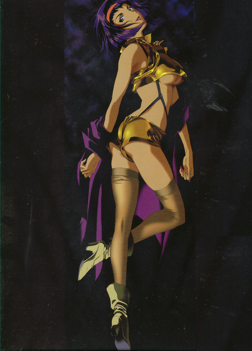 1girl 90s ankle_boots boots breasts brown_legwear cowboy_bebop faye_valentine female gradient gradient_background green_eyes hairband high_heel_boots high_heels large_breasts legs lipstick looking_at_viewer makeup nail_polish official_art pose purple_hair red_lipstick short_hair shorts solo standing_on_one_leg suspenders thigh-highs under_boob