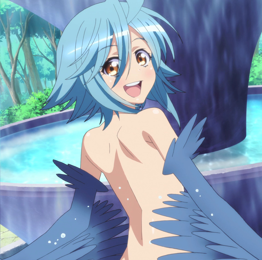 1girl back blue_hair blush feathers harpy highres monster_girl monster_musume_no_iru_nichijou nude open_mouth papi_(monster_musume) screencap short_hair smile solo stitched tagme wings yellow_eyes