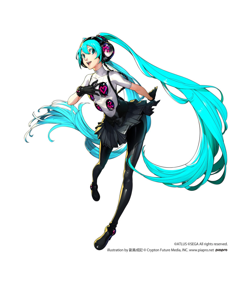 1girl absurdres black_gloves blue_eyes blue_hair gloves hand_on_own_chest hatsune_miku headphones highres long_hair looking_at_viewer official_art persona persona_4:_dancing_all_night smile soejima_shigenori solo twintails very_long_hair vocaloid white_background