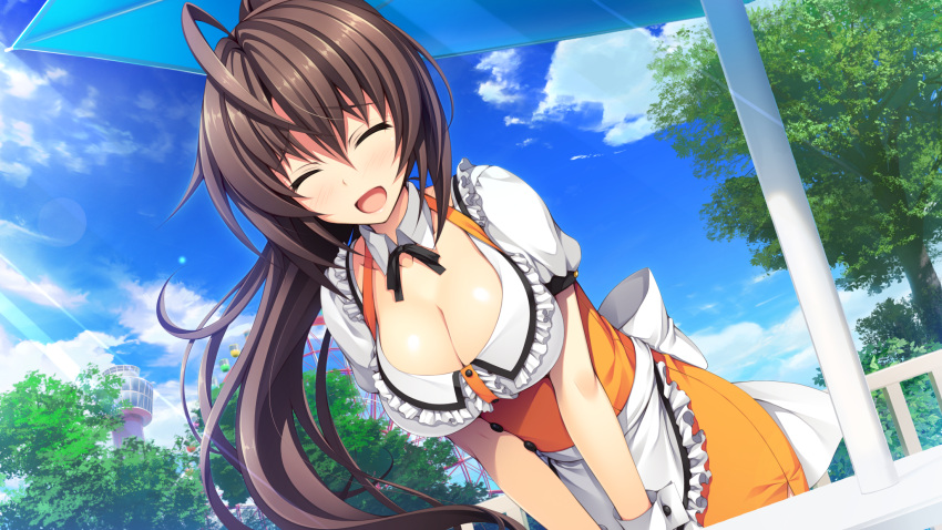 1girl absurdres asami_asami ashiya_suzuka blush bow bowtie breasts brown_hair cleavage closed_eyes clouds detached_collar female game_cg highres large_breasts leaning_forward long_hair open_mouth ponytail pretty_x_cation_2 sky smile solo standing sunlight table tree umbrella uniform waist_apron waitress