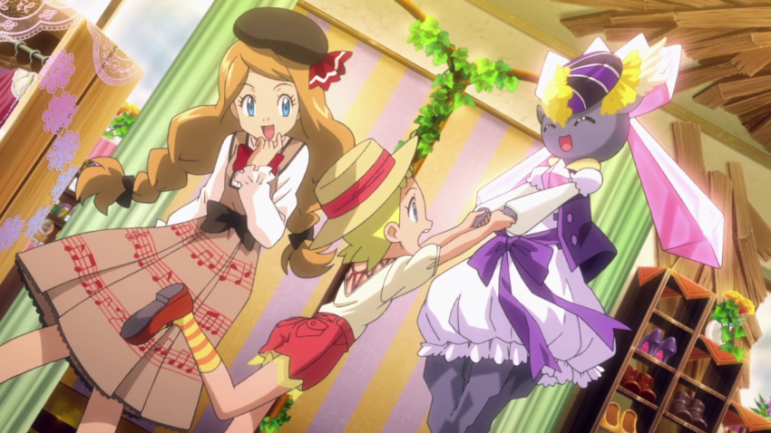 3girls ass diancie eureka_(pokemon) happy long_hair multiple_girls pokemon screencap serena_(pokemon) short_hair shorts tagme wallpaper