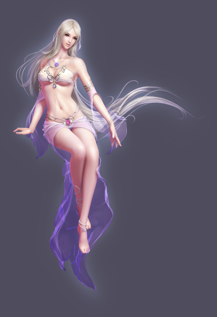 1girl 3d anklet bare_shoulders barefoot blonde_hair bracelet breasts cleavage crop_top feet forsaken_world full_body grey_background highres jewelry long_hair lots_of_jewelry navel necklace realistic see-through shiny shiny_skin sillia simple_background solo toenails very_long_hair znz