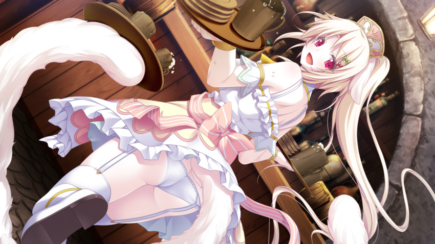1girl ass bare_shoulders blonde_hair cup dutch_angle eushully from_behind game_cg garter_straps happy highres holding kami_no_rhapsody legs long_hair looking_back mitsuki open_mouth panties ponytail red_eyes restaurant skirt smile solo standing sweatdrop tail thigh-highs thighs tray underwear waitress white_panties yakuri