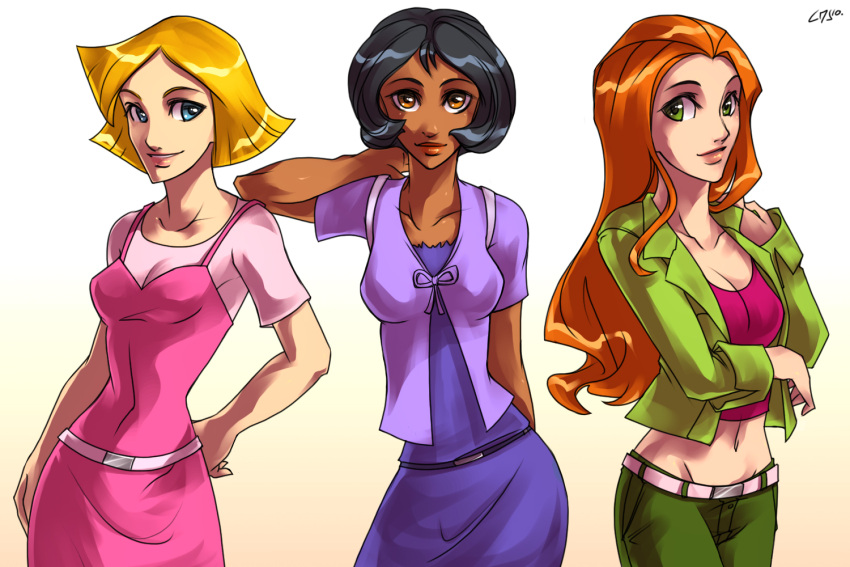 3girls alex_(totally_spies) black_hair blonde_hair blue_eyes breasts cleavage clover_(totally_spies) dark_skin gradient gradient_background green_eyes lips looking_at_viewer multiple_girls orange_eyes orange_hair sam_(totally_spies) short_hair thick_lips totally_spies