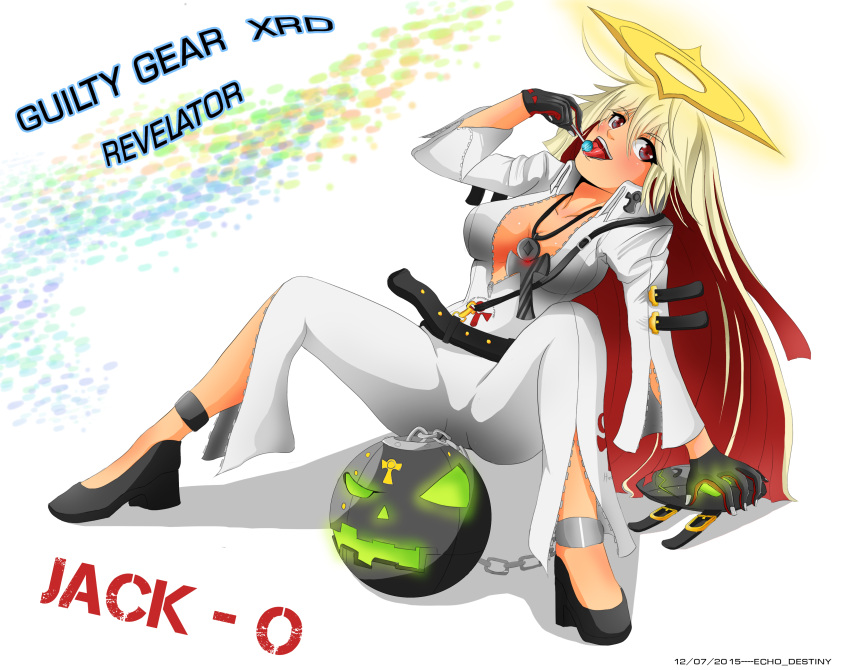 1girl ahoge ankh arc_system_works ball_and_chain belt blonde_hair blush bodysuit breasts candy cross cross_necklace echo_destiny gloves guilty_gear guilty_gear_xrd halo jack-o_(guilty_gear) licking lollipop long_hair looking_at_viewer mask multicolored_hair open_mouth red_eyes redhead simple_background sitting smile solo tongue tongue_out