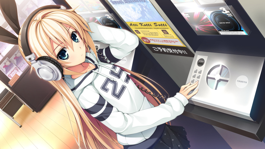 1girl absurdres asami_asami blonde_hair blue_eyes breasts collarbone dutch_angle game_cg headphones highres kurashiki_azusa long_hair long_sleeves looking_at_viewer pretty_x_cation_2 serious shop skirt small_breasts solo standing