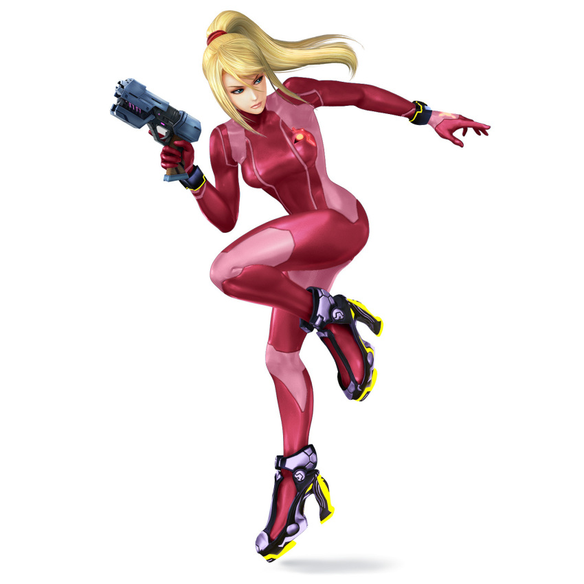 1girl 3d blonde_hair blue_eyes high_heels lips metroid ponytail samus_aran simple_background solo super_smash_bros. zero_suit