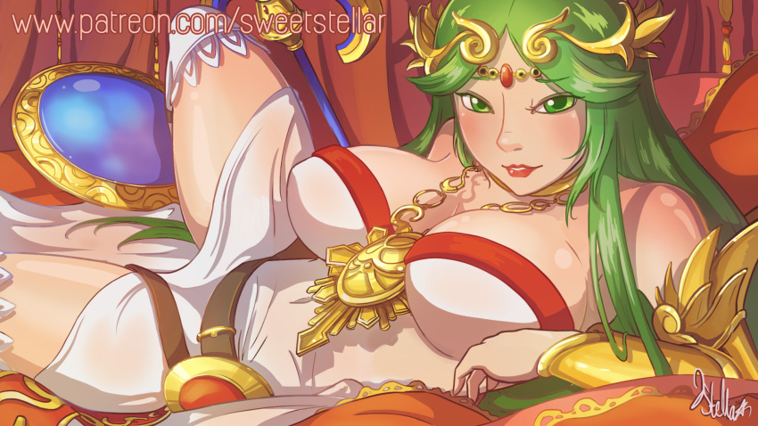 1girl breasts cleavage female green_eyes green_hair jewelry kid_icarus kid_icarus_uprising large_breasts long_hair looking_at_viewer lots_of_jewelry lying nintendo on_side palutena parted_lips solo sweet_stellar