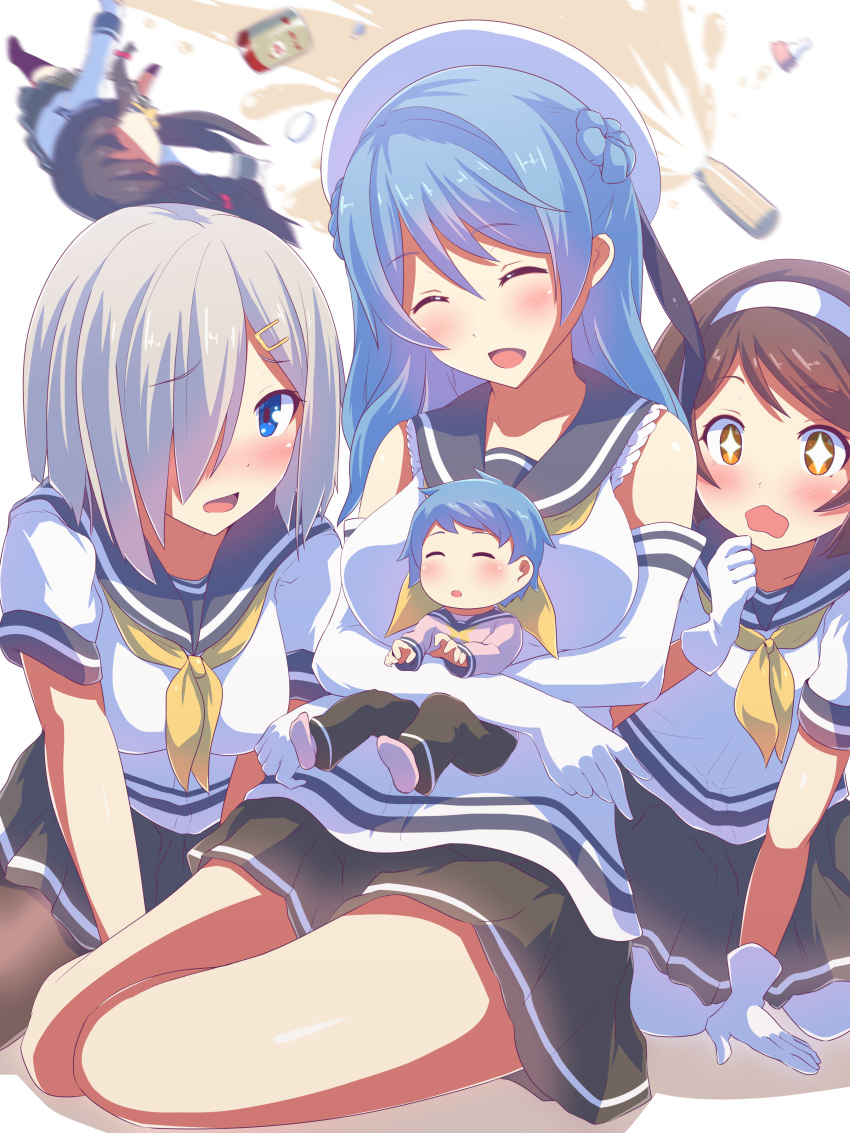 1boy 4girls ^_^ absurdres baby baby_bottle beret black_hair black_legwear blue_eyes blue_hair blush bottle breasts closed_eyes commentary_request double_bun elbow_gloves gloves hair_ornament hair_over_one_eye hair_ribbon hairband hairclip hamakaze_(azur_lane) hamakaze_(kantai_collection) hat highres isokaze_(kantai_collection) kantai_collection large_breasts long_hair long_sleeves milk multiple_girls neckerchief open_mouth pants pantyhose pleated_skirt ribbon sailor_hat school_uniform serafuku short_hair short_sleeves silver_hair sitting skirt sleeves_rolled_up smile star star-shaped_pupils symbol-shaped_pupils tanikaze_(kantai_collection) tress_ribbon twinameless urakaze_(kantai_collection) wariza wavy_mouth white_gloves white_hairband white_hat white_legwear yellow_neckwear