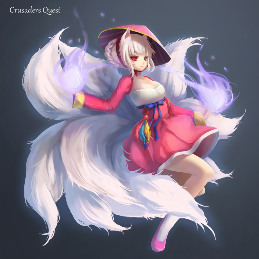 1girl albino animal_ears breasts catbagel cleavage closed_mouth collarbone crusaders_quest dress female fox_ears fox_tail gradient gradient_background long_sleeves looking_at_viewer magic pink_dress red_eyes slime socks solo tail white_hair white_legwear yeowoodong_(crusaders_quest)