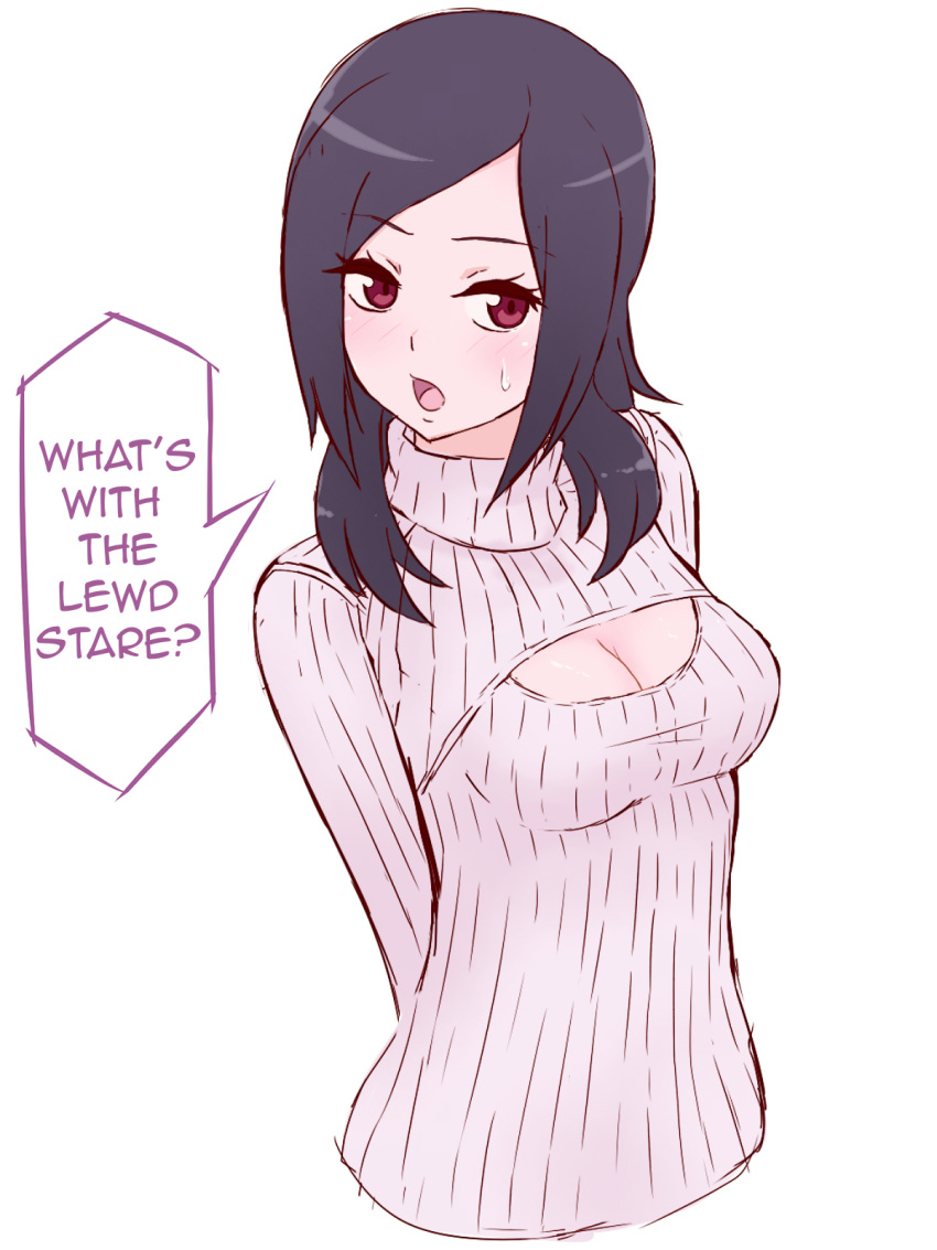 1girl blush breasts cleavage cleavage_cutout fresh_precure! hard_translated higashi_setsuna highres long_hair open-chest_sweater precure purple_hair red_eyes ribbed_sweater simple_background solo sweater translated turtleneck unpale