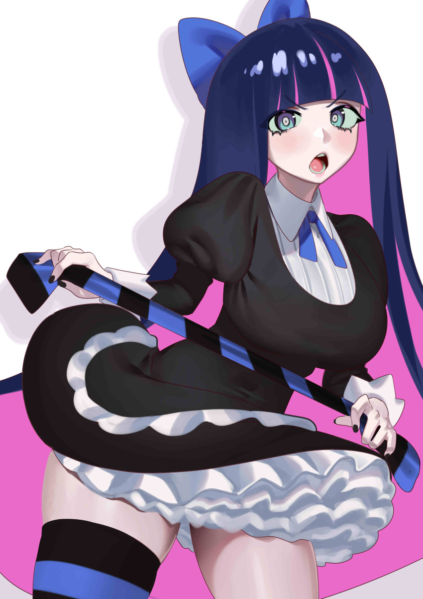 1girl absurdres bangs black_dress black_hair black_nails blue_eyes blunt_bangs blush colored_inner_hair cowboy_shot dress frilled_dress frills highres looking_at_viewer multicolored_hair nia_(nia4294) open_mouth panty_&amp;_stocking_with_garterbelt pink_hair simple_background solo stocking_(psg) striped striped_legwear thigh-highs two-tone_hair white_background