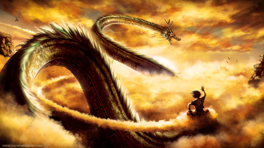 1boy bird black_hair clouds condensation_trail dougi dragon dragon_ball dragon_ball_z dragonball_z eastern_dragon fangs flying flying_nimbus glowing glowing_eyes highres horns mountain nimbus outdoors realistic riding scenery shenron son_gokuu sun sunrise wallpaper watermark waving web_address wristband zach_smithson