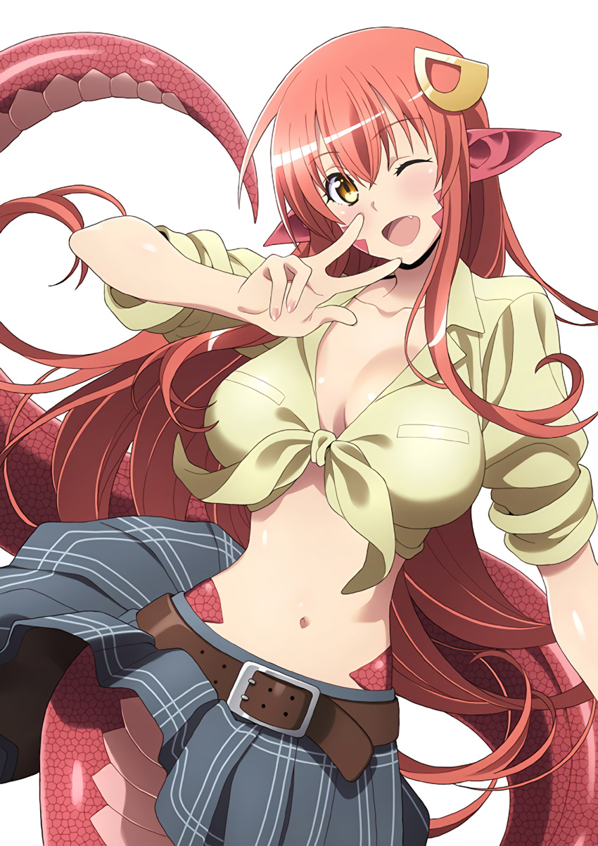1girl blush breasts cleavage fang female front-tie_top lamia large_breasts long_hair looking_at_viewer miia_(monster_musume) monster_girl monster_musume_no_iru_nichijou navel official_art open_mouth pointy_ears redhead simple_background skirt slit_pupils smile snake_tail solo v wink yellow_eyes