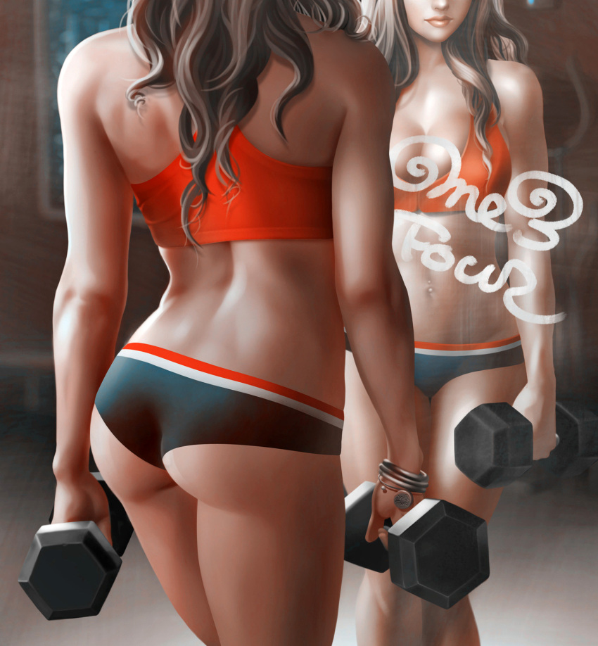 1girl ass athletic bare_shoulders bracelet breasts character_request dumbbell female gradient gradient_background gym jewelry midriff mirror navel one3four! photorealistic short_shorts shorts solo sports_bra