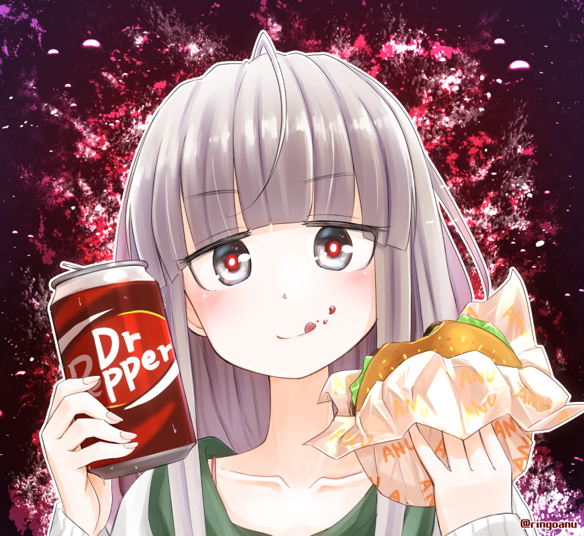 1girl :d ahoge bangs blunt_bangs blush can collarbone dr_pepper eating eyebrows_visible_through_hair fingernails food food_on_face grey_eyes hamburger highres holding holding_can holding_food open_mouth original portrait red-eye_effect ringoanu silver_hair smile