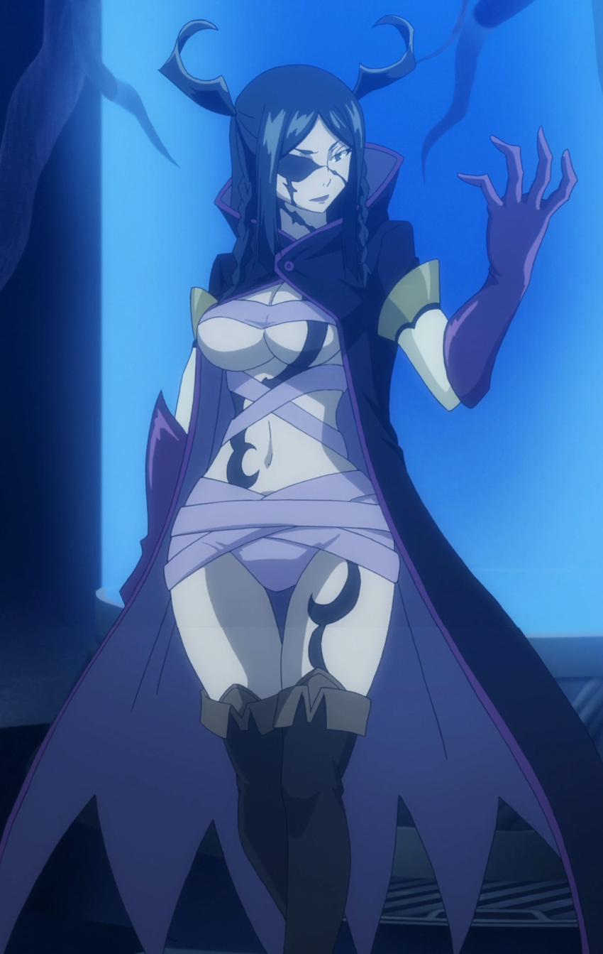 bandage black_hair breasts cape cleavage demon demon_girl dress eyepatch fairy_tail gloves gradient gradient_background green_eyes highres large_breasts lips lipstick long_hair makeup minerva_orlando pose red_lipstick screencap stitched tattoo