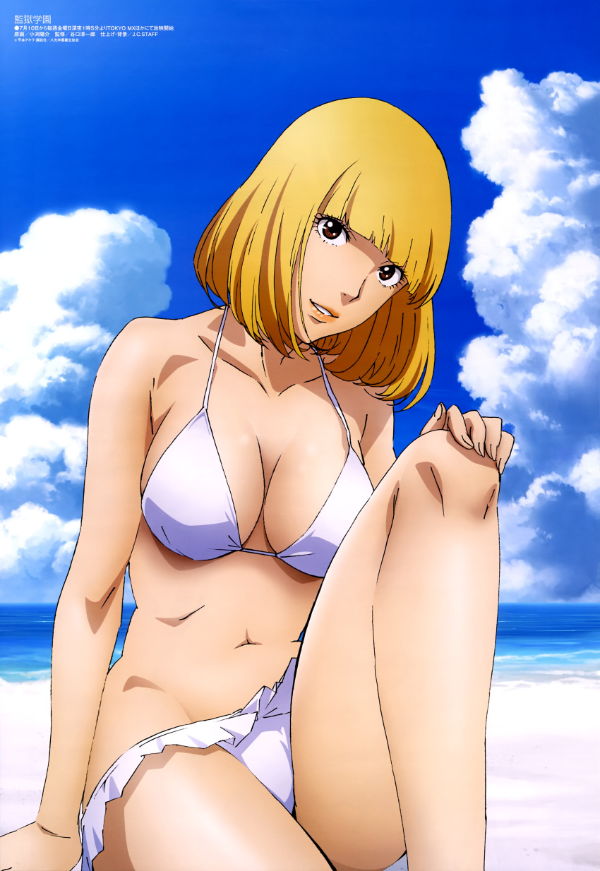 1girl beach bikini blonde_hair breasts gradient gradient_background large_breasts midorikawa_hana navel official_art prison_school short_hair swimsuit