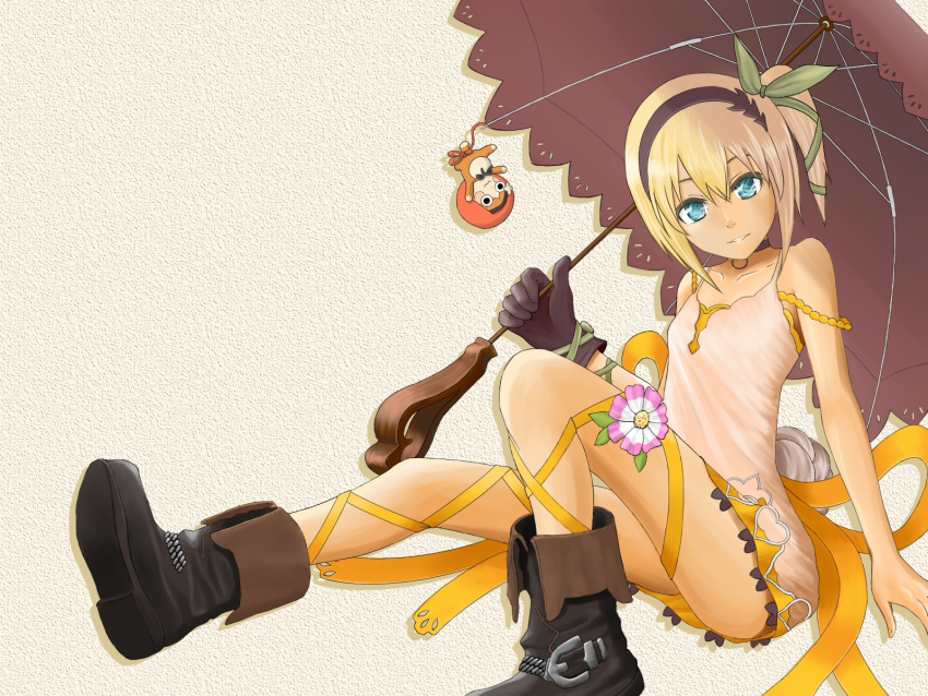 1girl bare_shoulders blonde_hair blue_eyes choker dress edna_(tales) flat_chest flower gloves hair_ornament hairband open_mouth shoes short_hair side_ponytail simple_background tales_of_(series) tales_of_zestiria umbrella